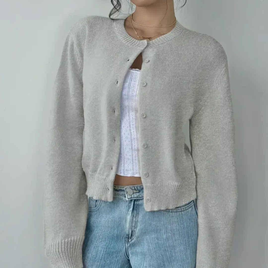 Cardigan Court Col Rond Poignets Côtelés pour Femme