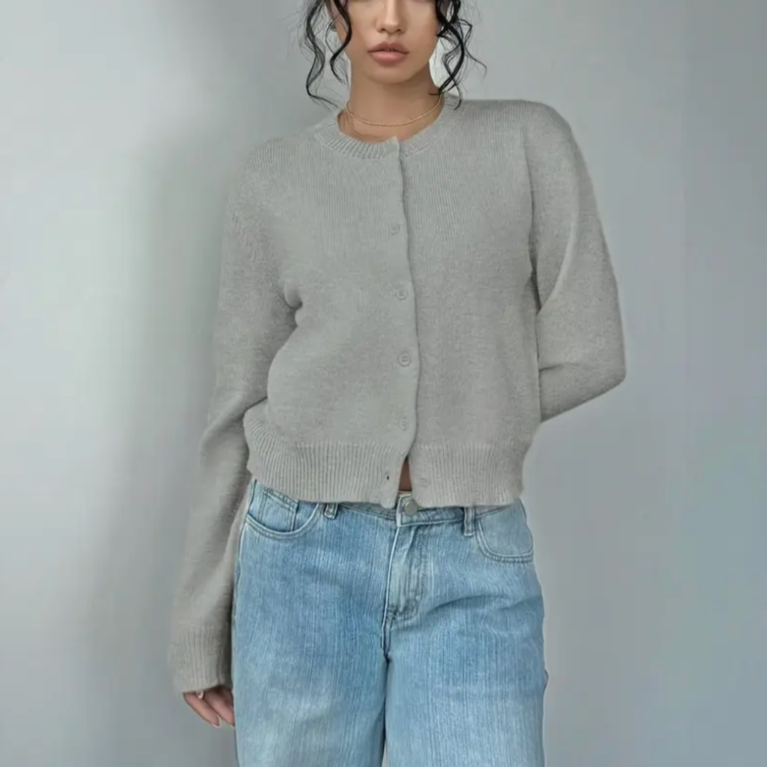 Cardigan Court Col Rond Poignets Côtelés pour Femme