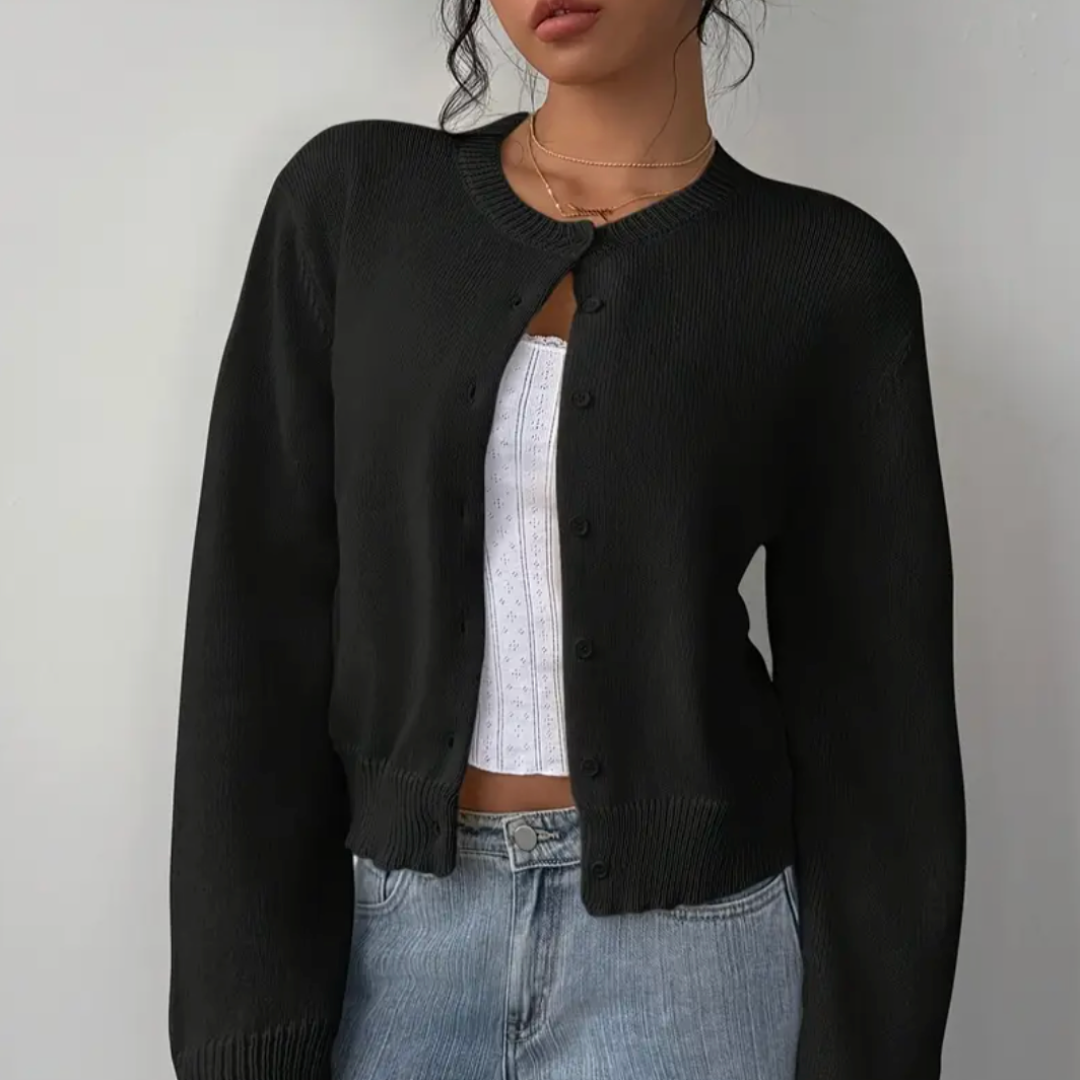 Cardigan Court Col Rond Poignets Côtelés pour Femme