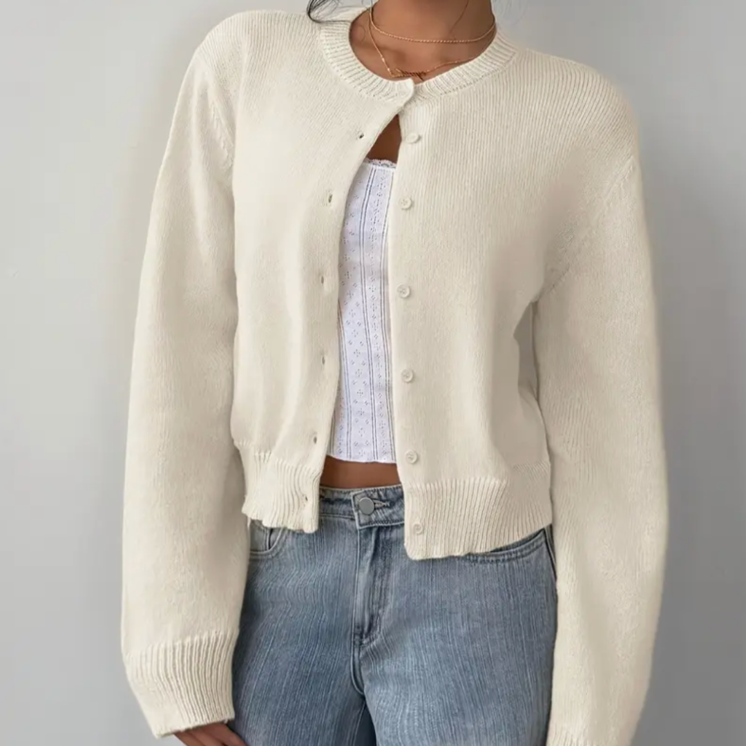 Cardigan Court Col Rond Poignets Côtelés pour Femme