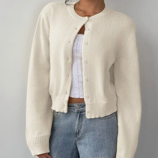 Women's Cropped Cardigan with Crew Neck and Ribbed Cuffs