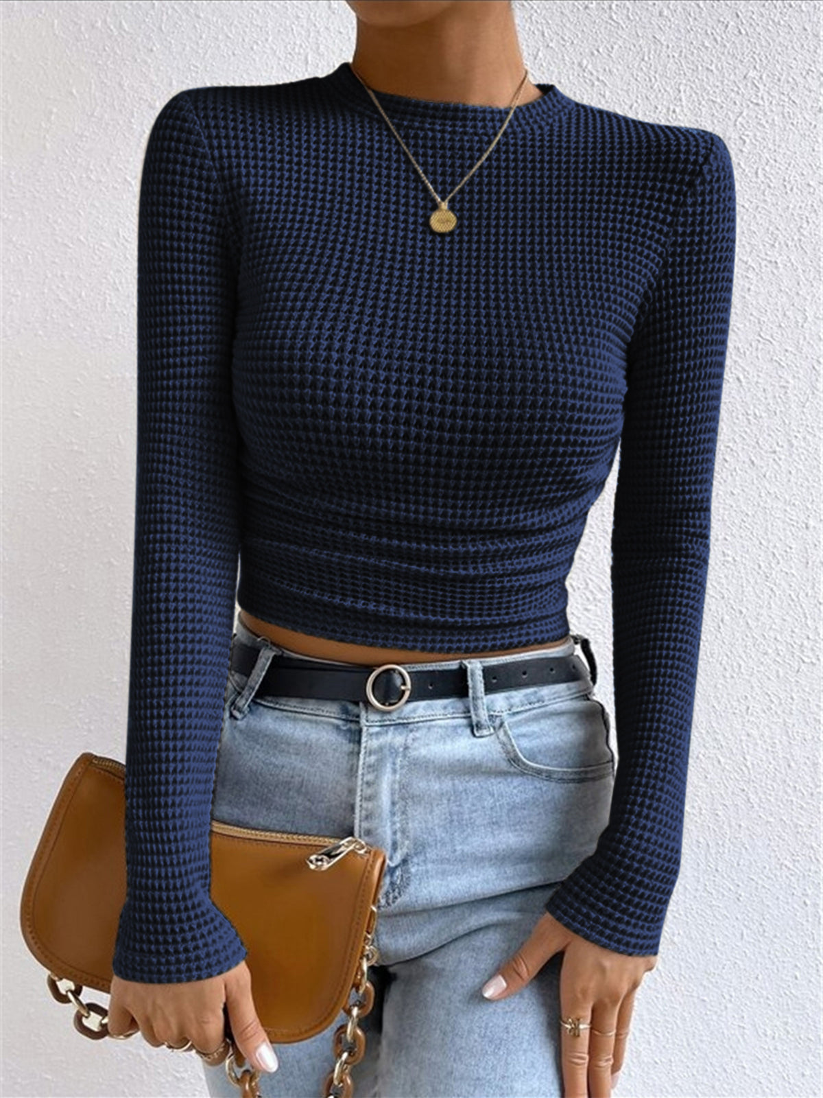 Top gaufré femme col rond manches longues thermique quotidien
