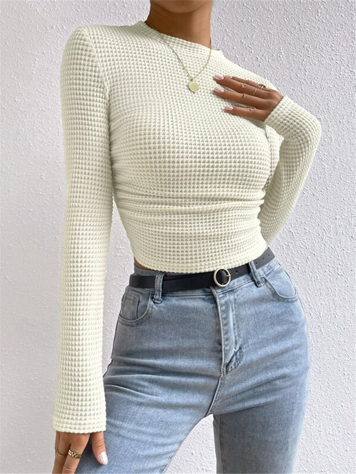 Top gaufré femme col rond manches longues thermique quotidien