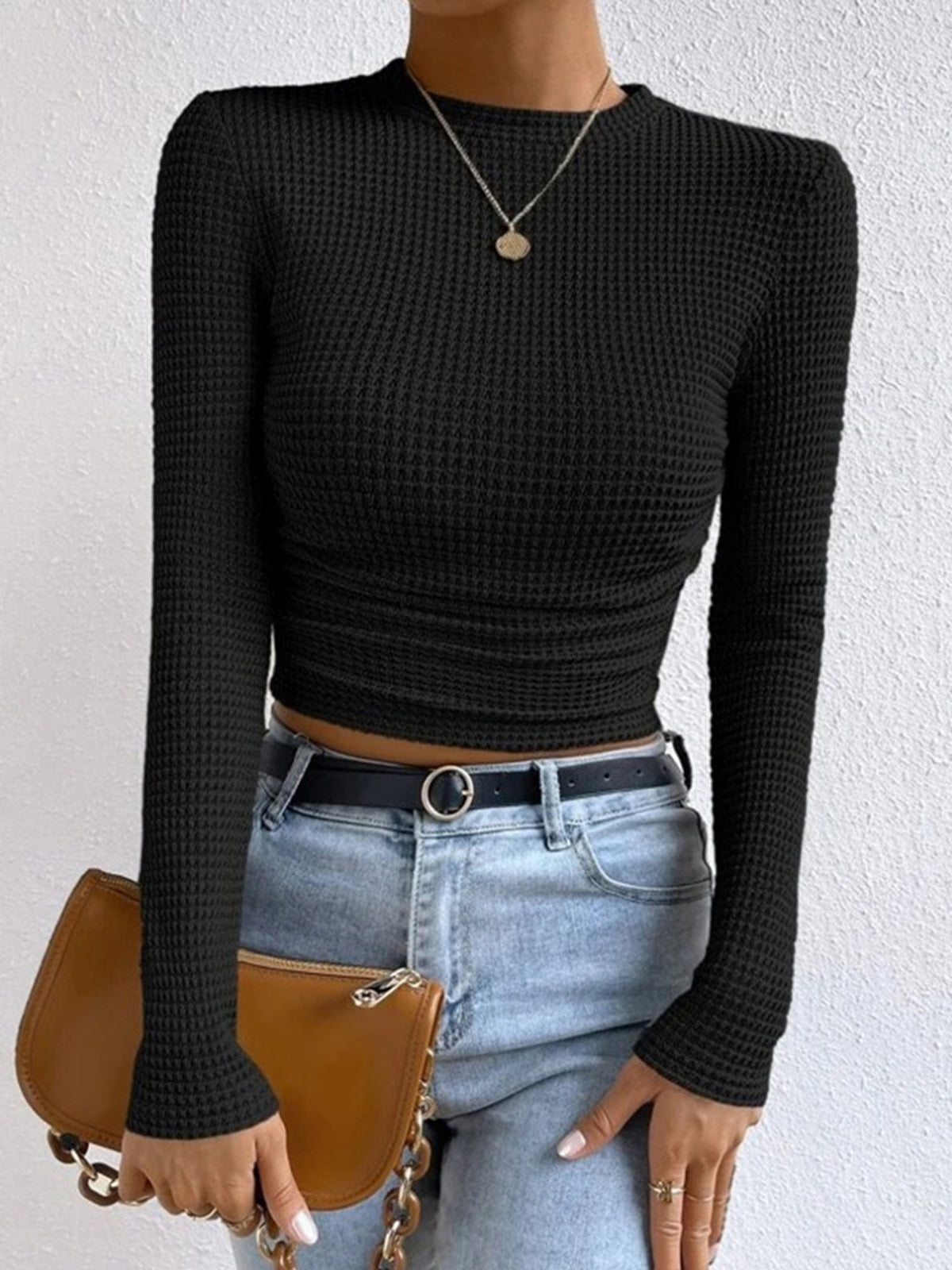 Top gaufré femme col rond manches longues thermique quotidien