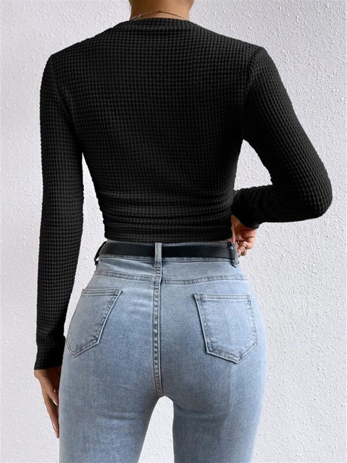 Top gaufré femme col rond manches longues thermique quotidien