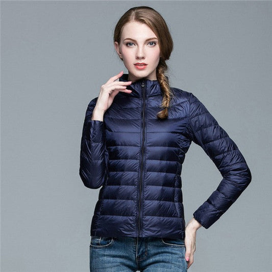 Women's quilted puffer jacket, stand-up collar, zip-up, winter protection