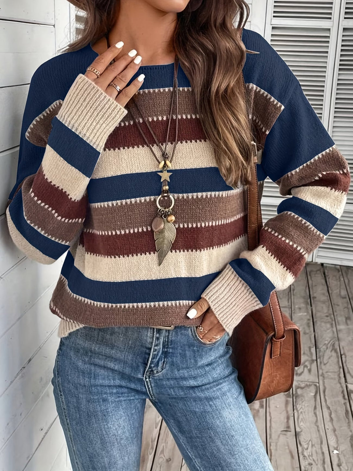 Jersey de mujer de punto a rayas, cuello redondo, clásico y atemporal