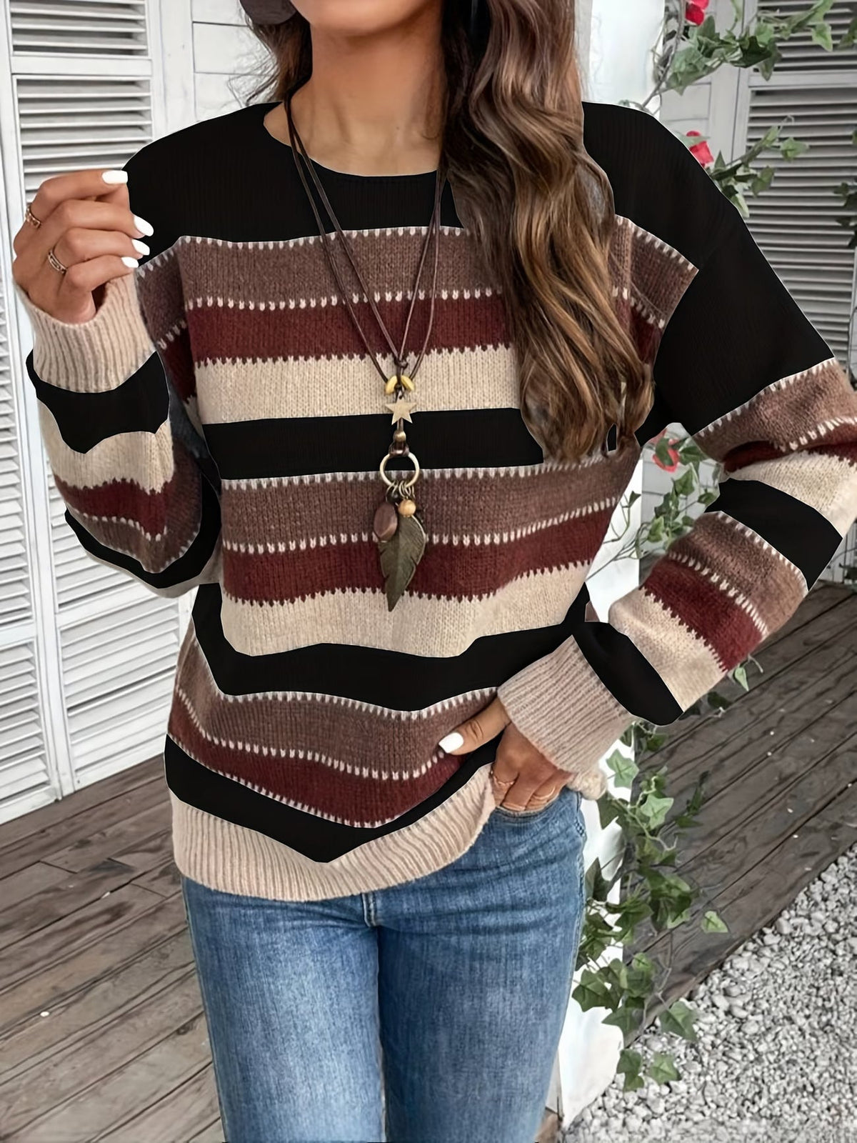 Jersey de mujer de punto a rayas, cuello redondo, clásico y atemporal