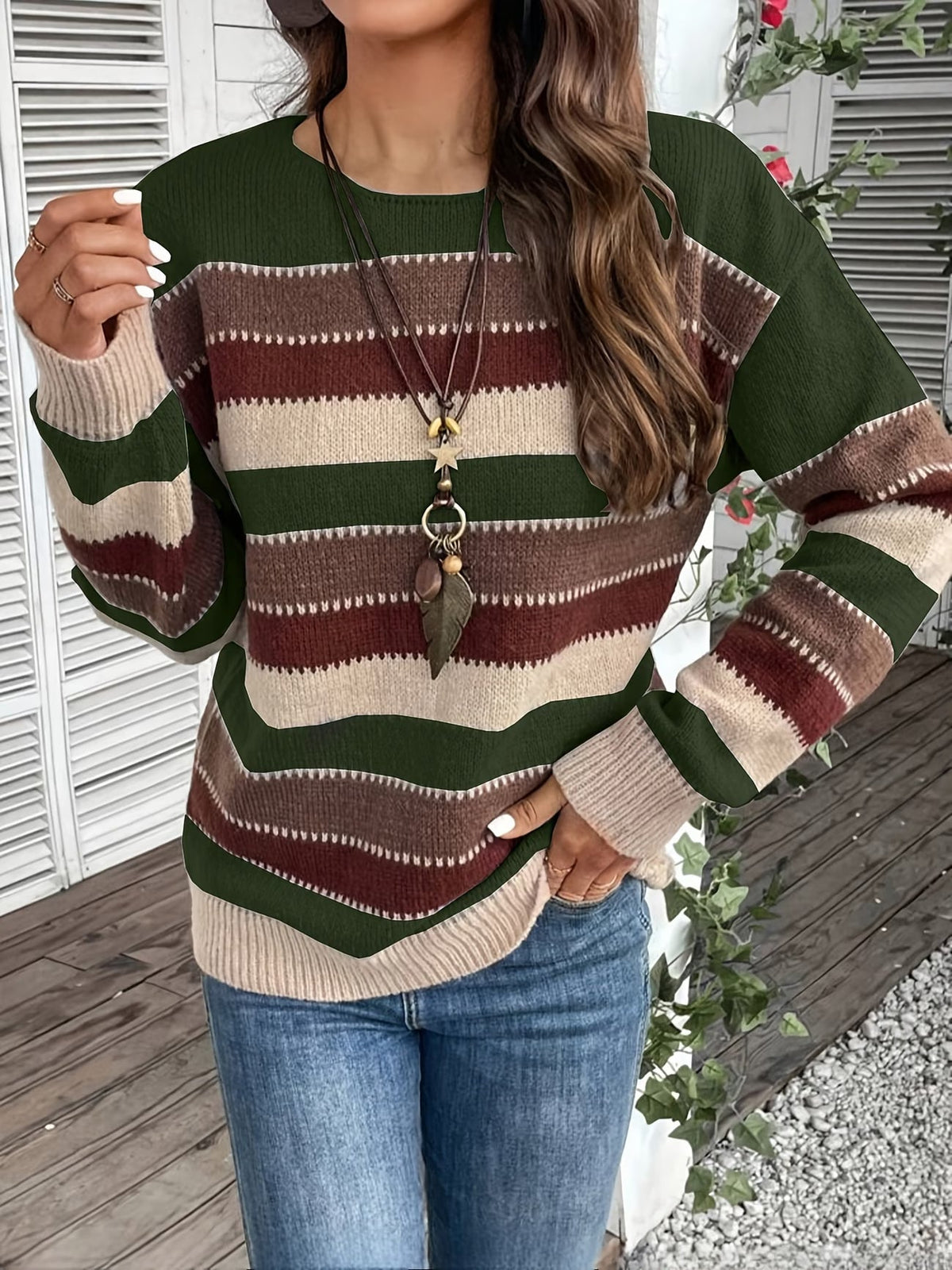 Jersey de mujer de punto a rayas, cuello redondo, clásico y atemporal