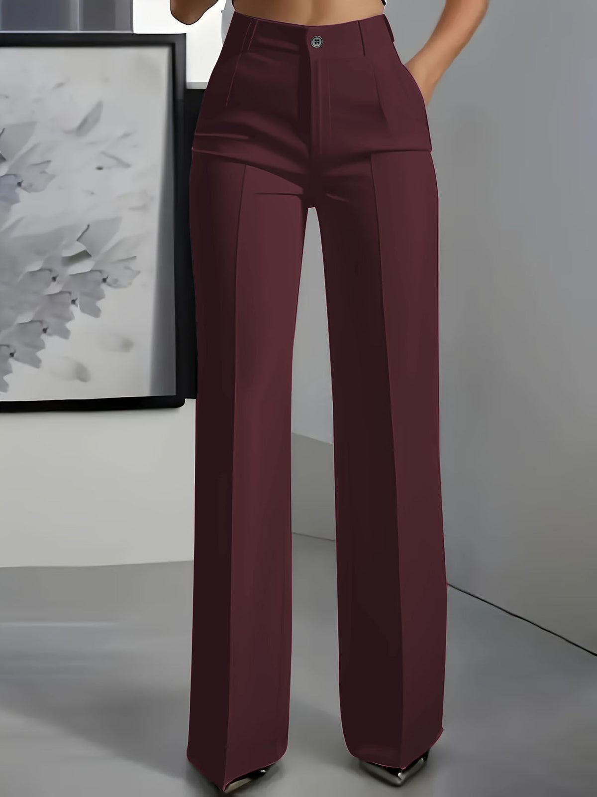 Pantalon jambe large femme taille haute tissu structuré