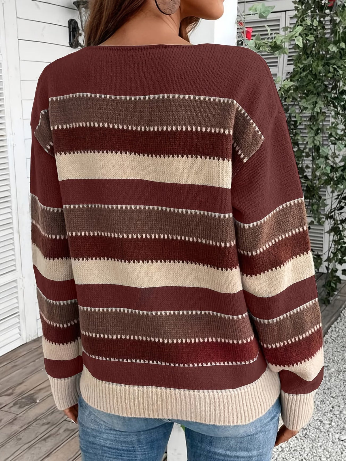 Jersey de mujer de punto a rayas, cuello redondo, clásico y atemporal