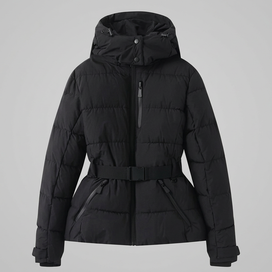 Women's quilted winter puffer jacket with belt for a defined silhouette