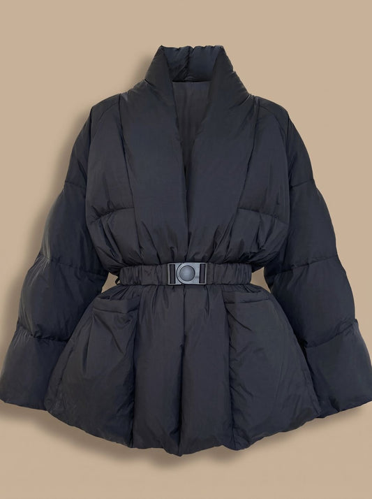 Women's oversized down puffer jacket, buckle belt, stand-up collar