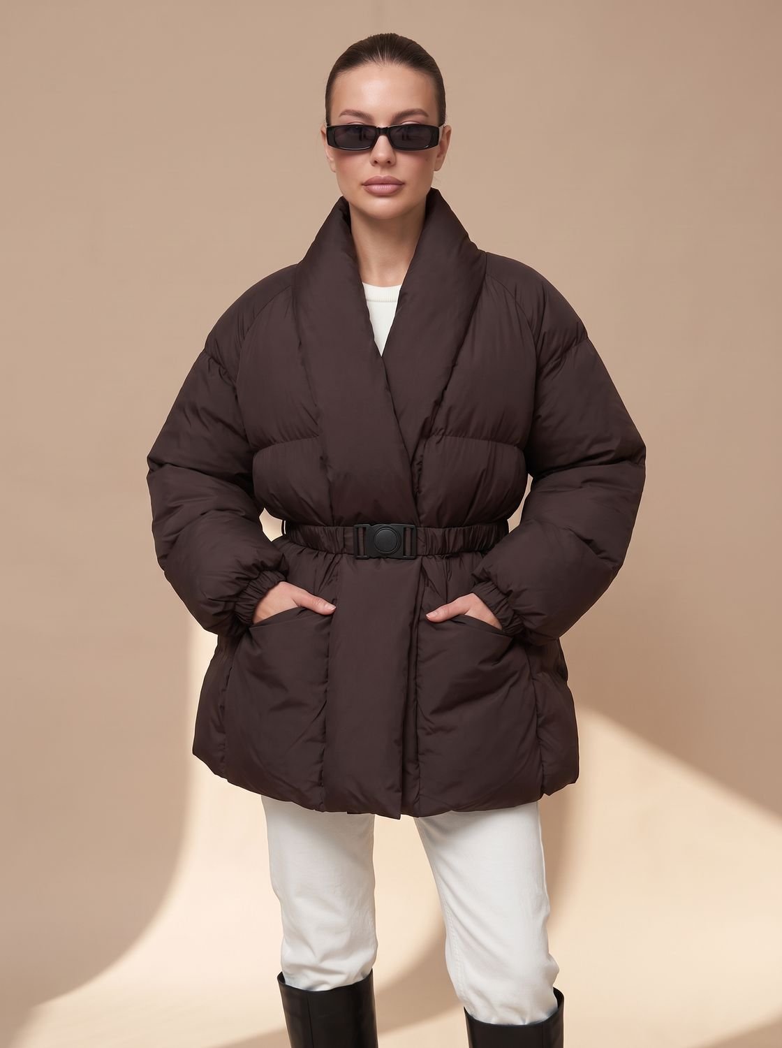 Women's oversized down puffer jacket, buckle belt, stand-up collar