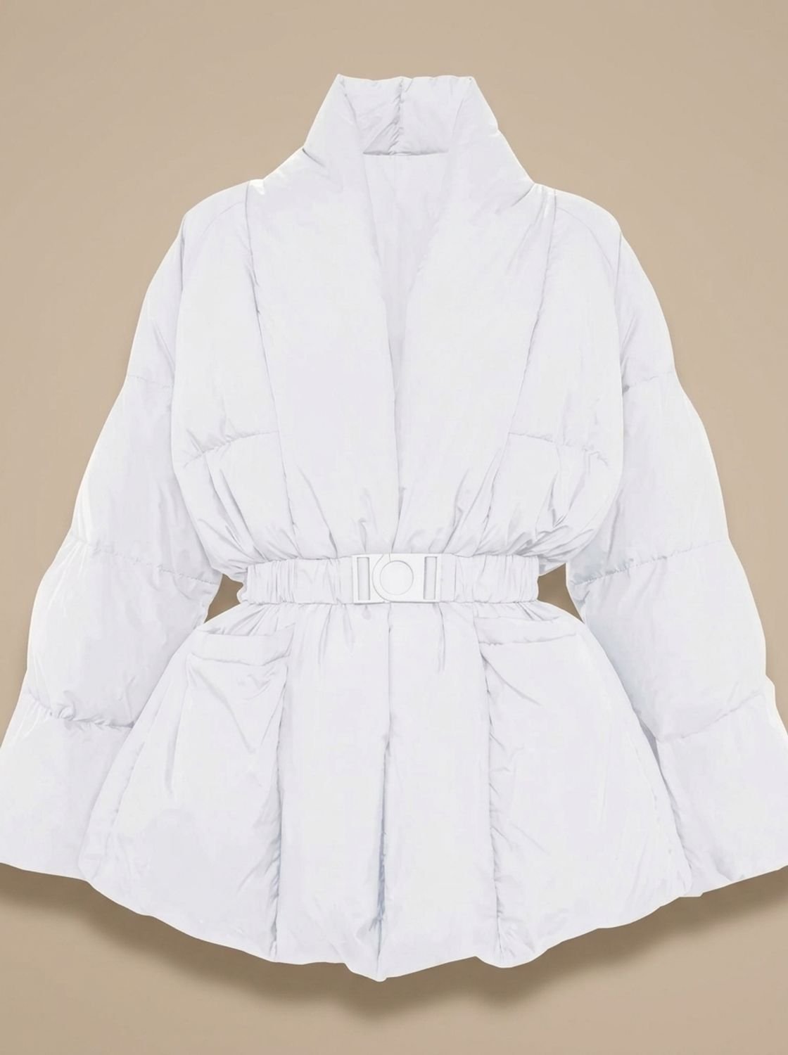 Women's oversized down puffer jacket, buckle belt, stand-up collar