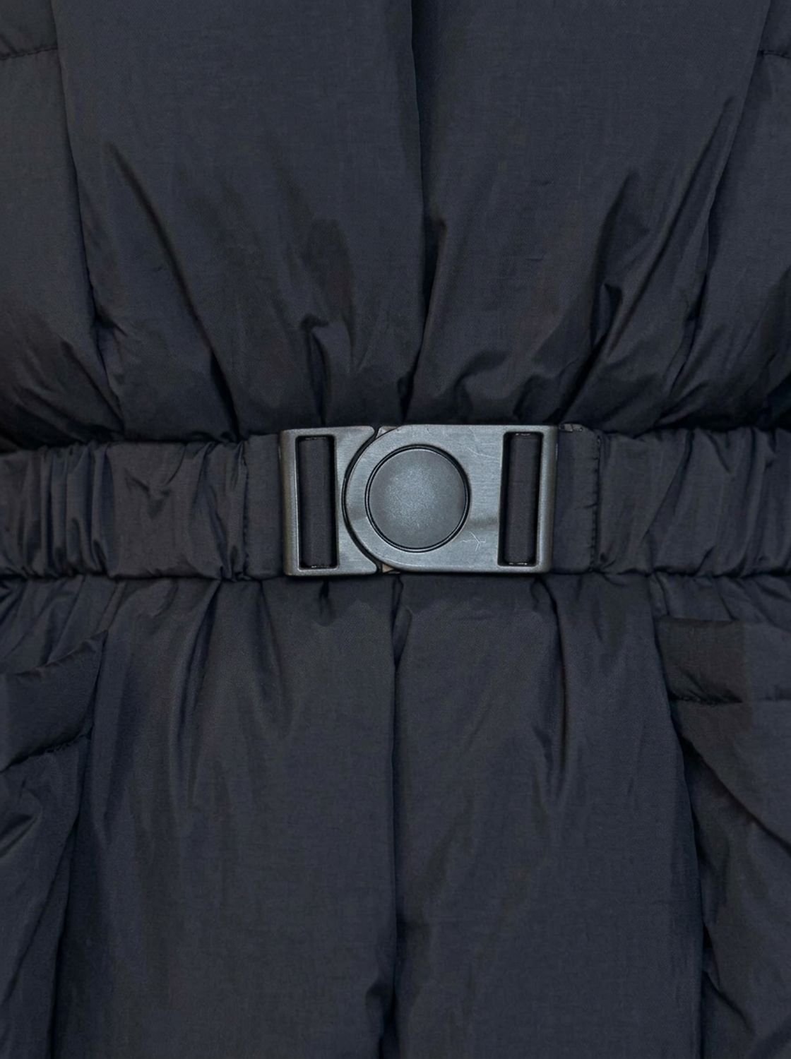 Women's oversized down puffer jacket, buckle belt, stand-up collar