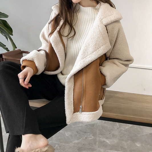 Giacca da aviatore da donna in shearling, con colletto classico, calda per l’inverno