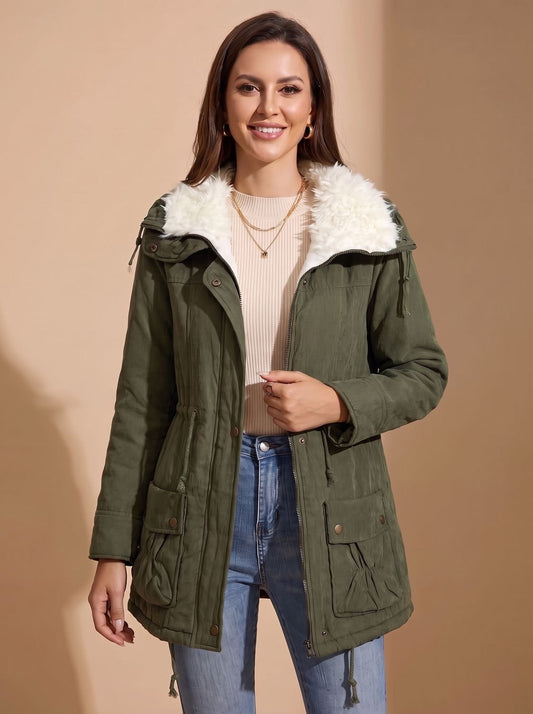 Parka da donna di media lunghezza per tutti i giorni, collo in finta pelliccia, coulisse in vita