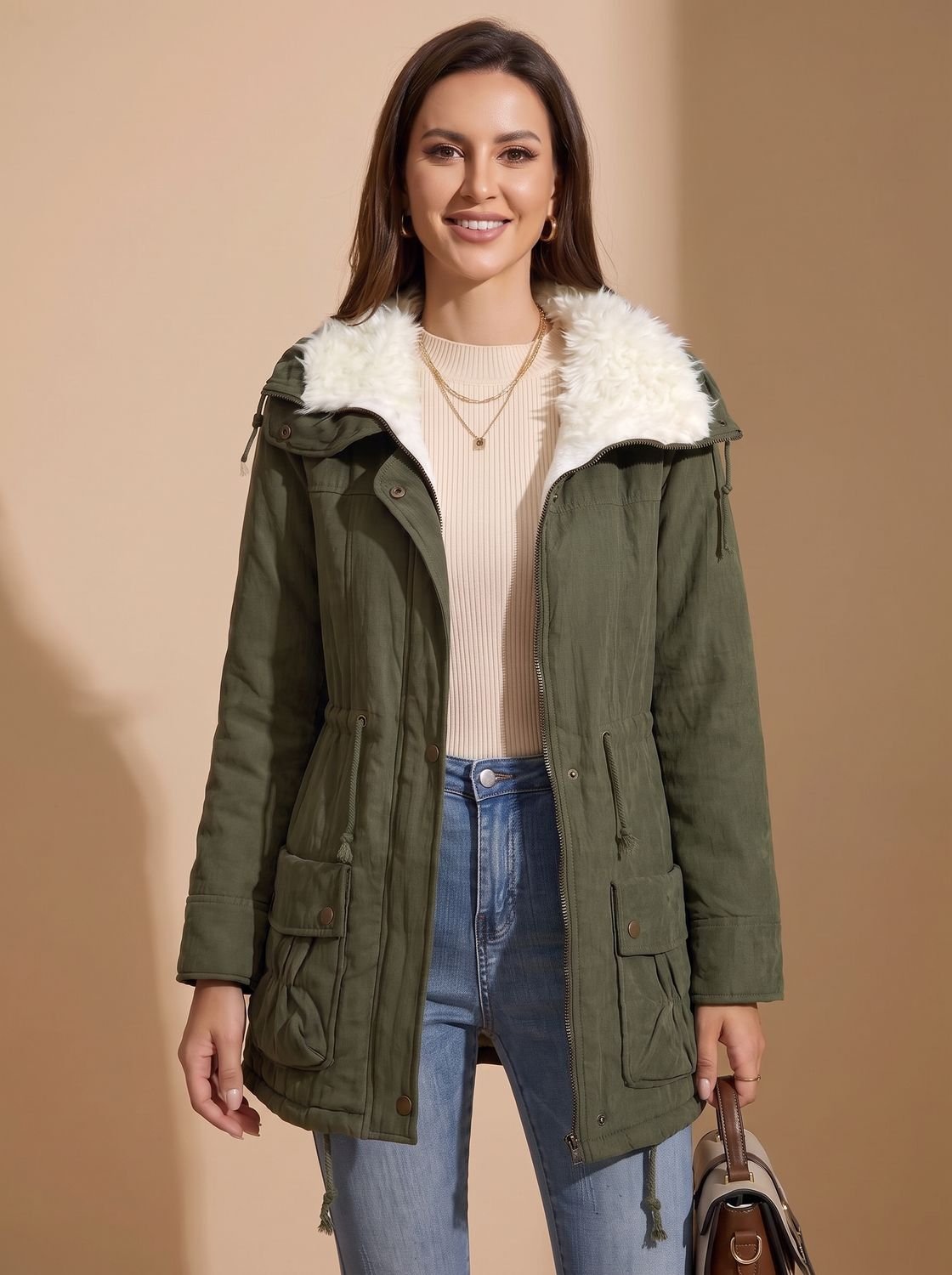 Women's everyday mid-length parka, faux fur collar, waist drawstring