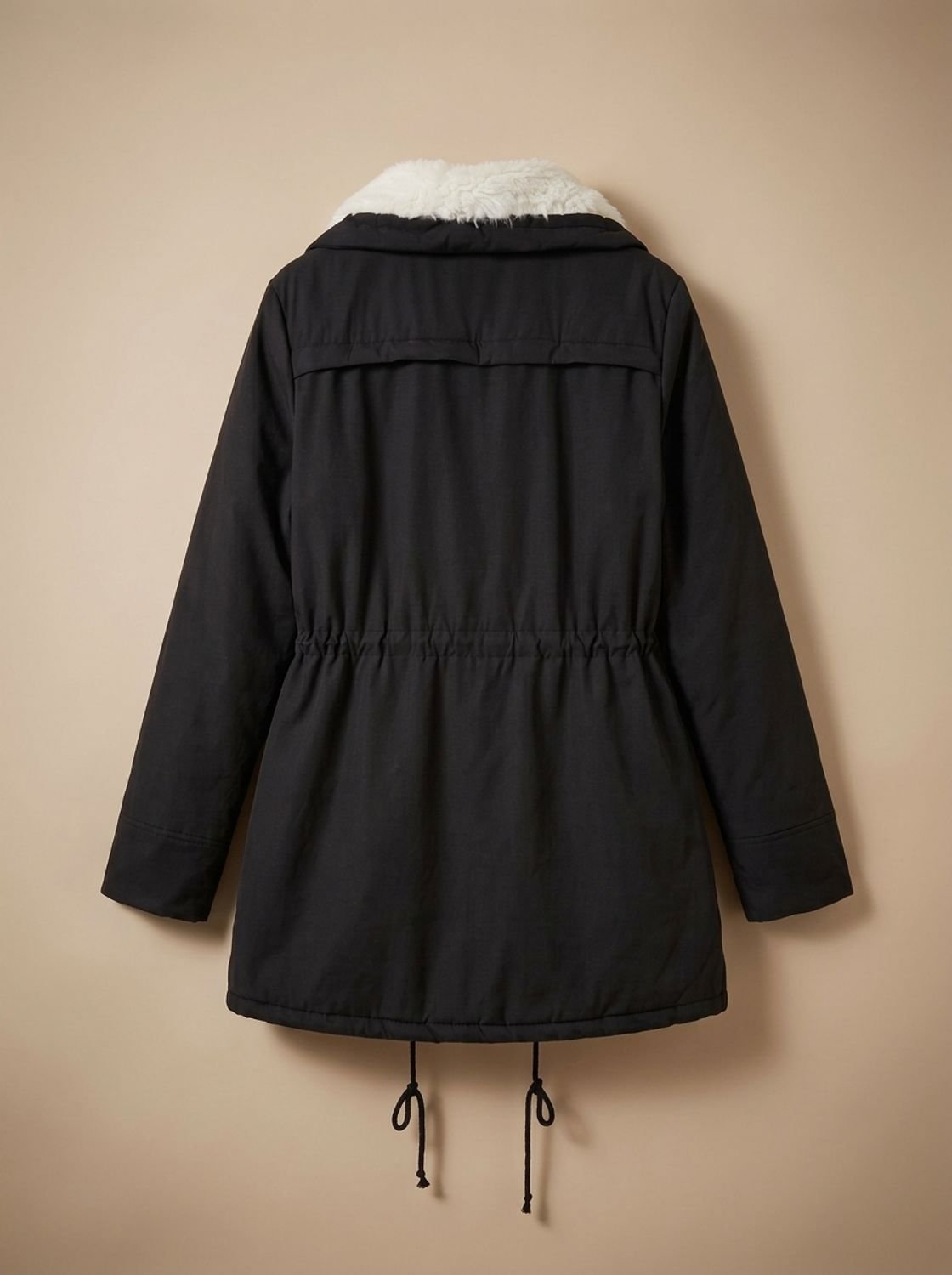 Women's everyday mid-length parka, faux fur collar, waist drawstring