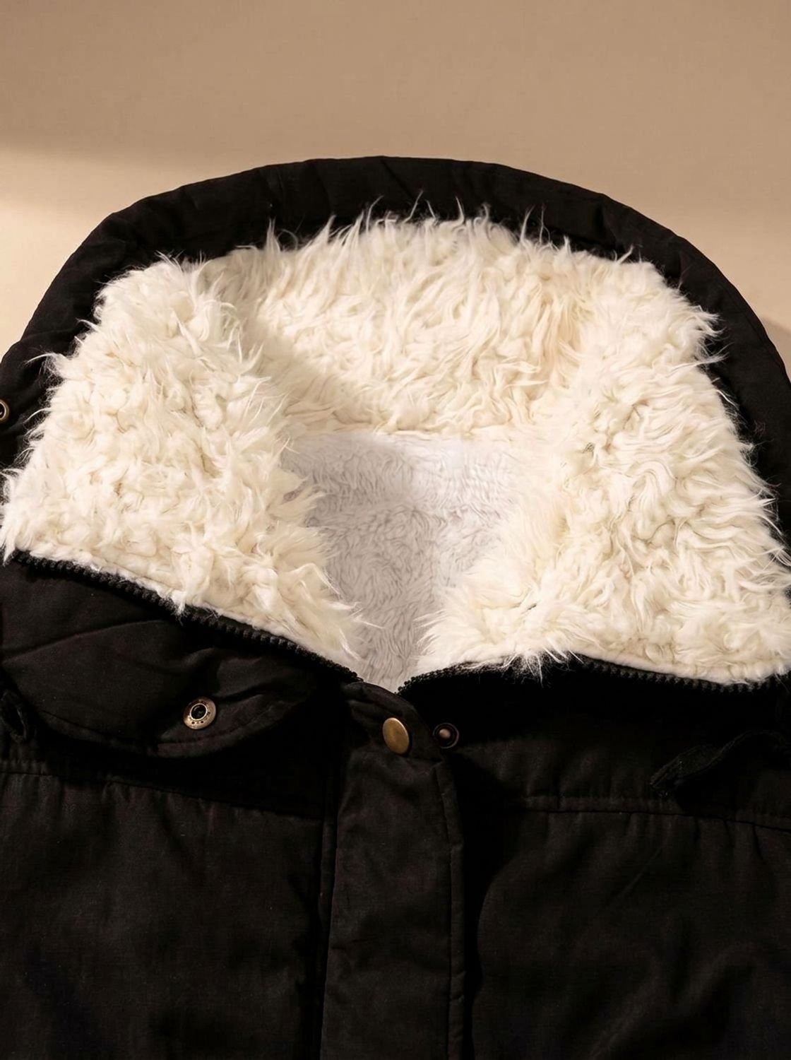 Women's everyday mid-length parka, faux fur collar, waist drawstring