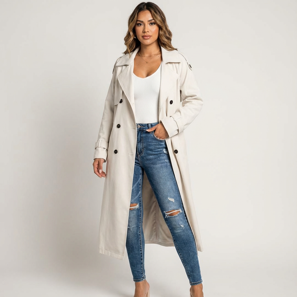 Women's long trench coat, casual formal style, classic buttoning