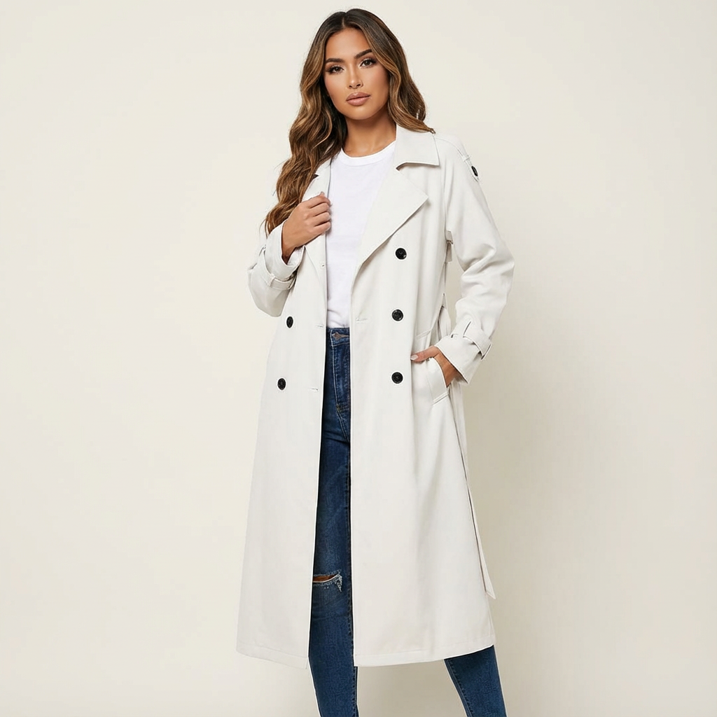 Women's long trench coat, casual formal style, classic buttoning