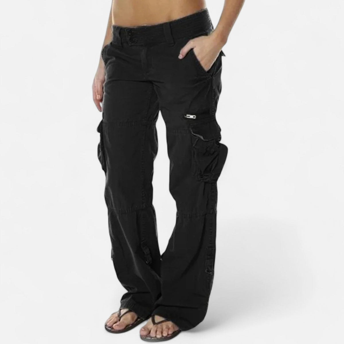 Pantalon cargo femme coton large jambe droite poches