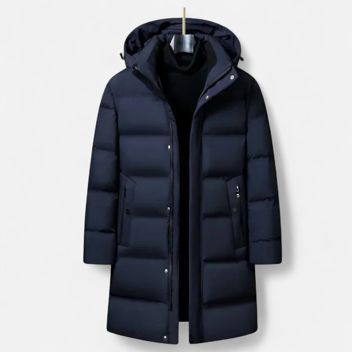Premium men's winter parka with hood and full insulation, elegant style