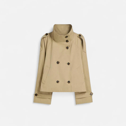 Women's short cotton trench coat with a belted high collar
