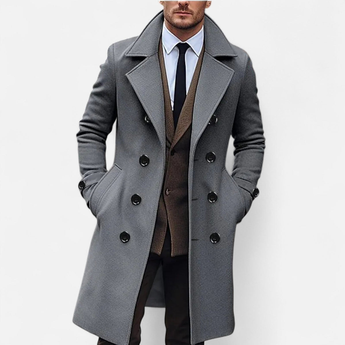 Elegantní dlouhý pánský vlněný dvouřadý kabát na zimu