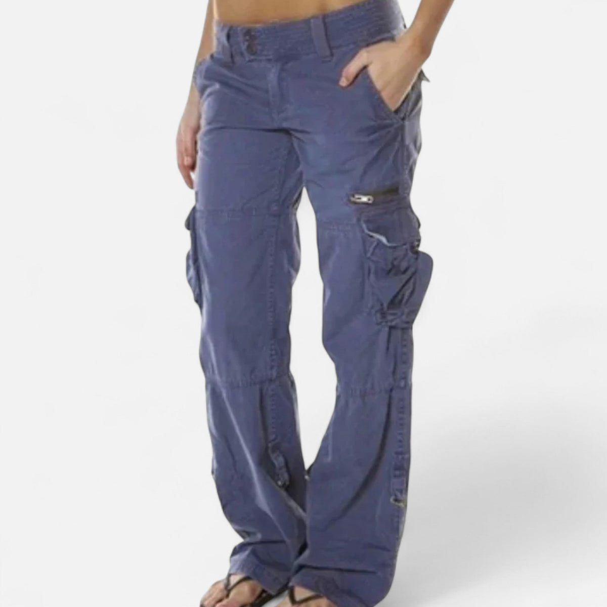 Pantalon cargo femme coton large jambe droite poches
