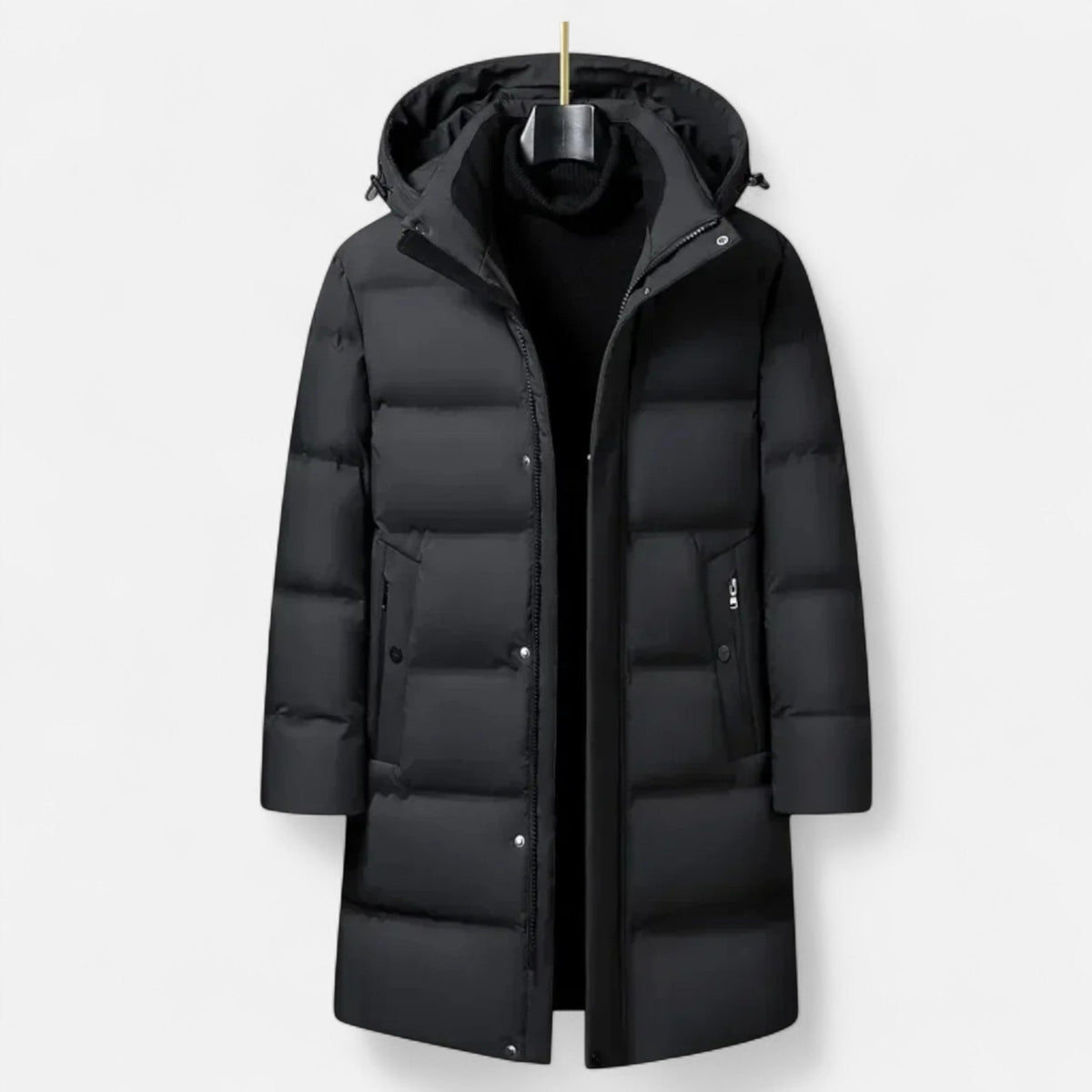 Premium men's winter parka with hood and full insulation, elegant style
