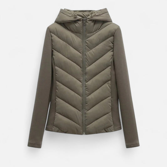 Women's long hooded puffer jacket with patchwork and winter insulation