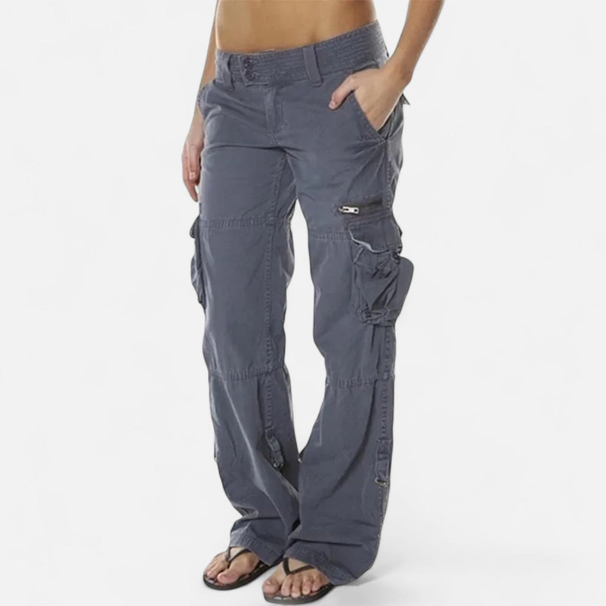 Pantalon cargo femme coton large jambe droite poches
