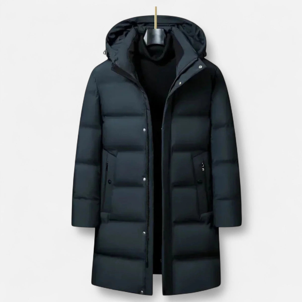 Premium men's winter parka with hood and full insulation, elegant style