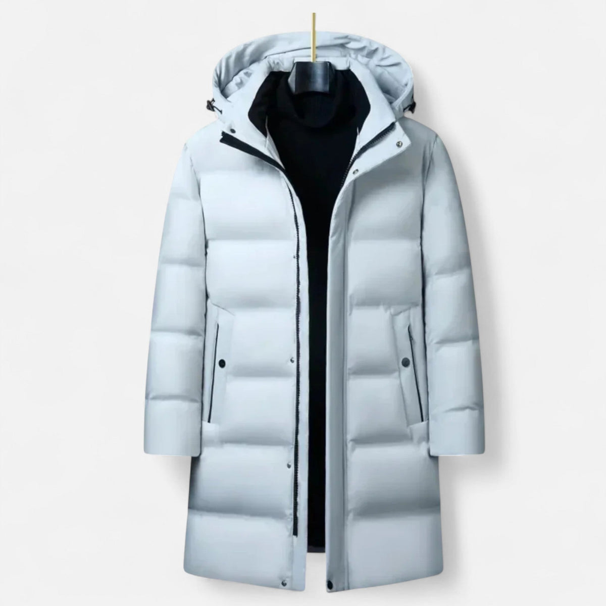 Premium men's winter parka with hood and full insulation, elegant style