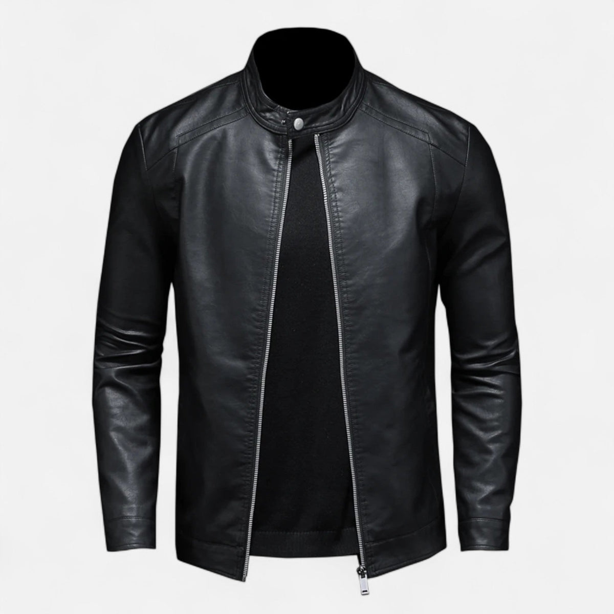 Blouson en Cuir Coupe Slim Col Montant Biker pour Homme