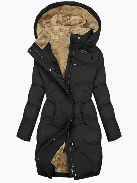 Elegant long winter women's coat with faux fur hood
