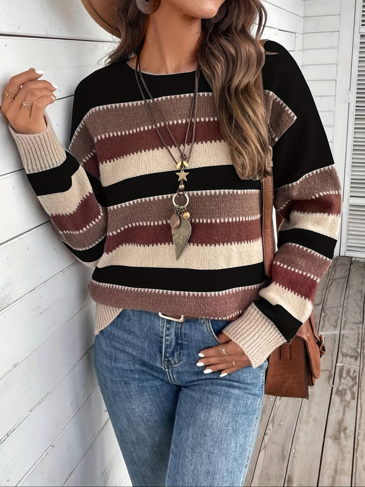 Jersey de mujer de punto a rayas, cuello redondo, clásico y atemporal