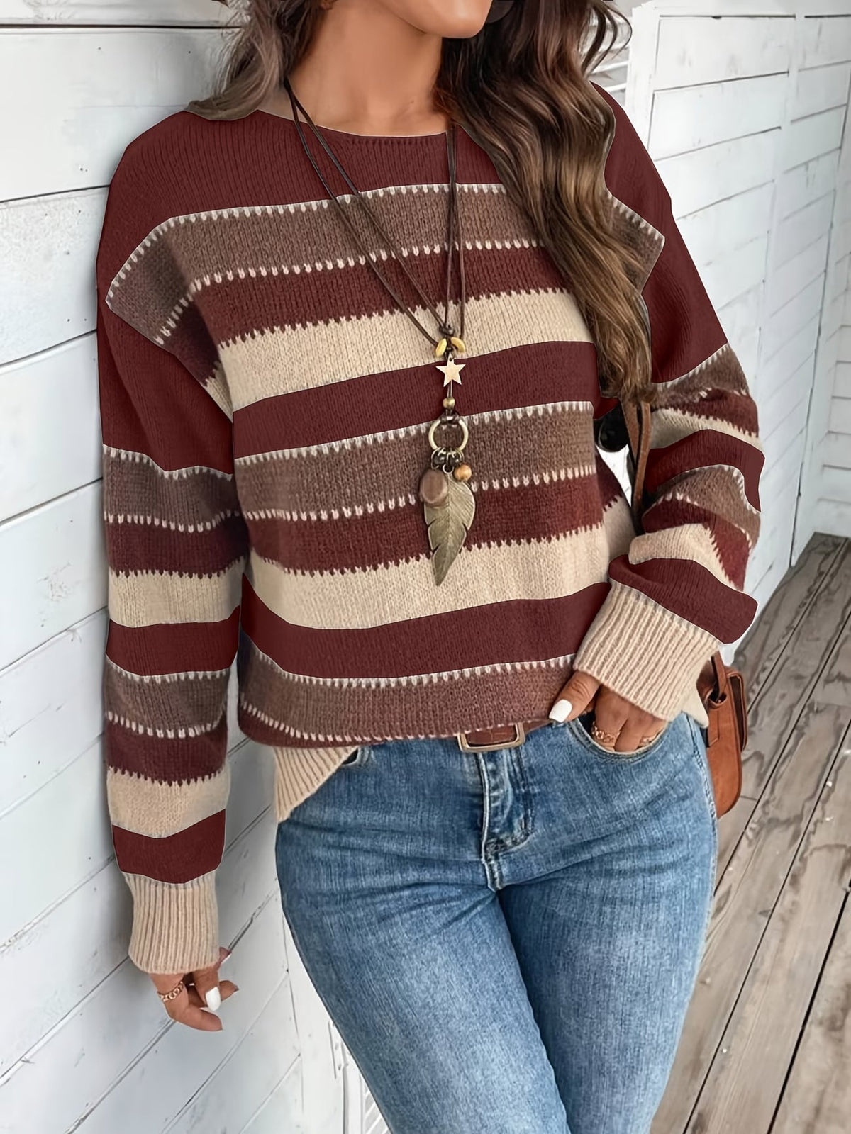 Jersey de mujer de punto a rayas, cuello redondo, clásico y atemporal