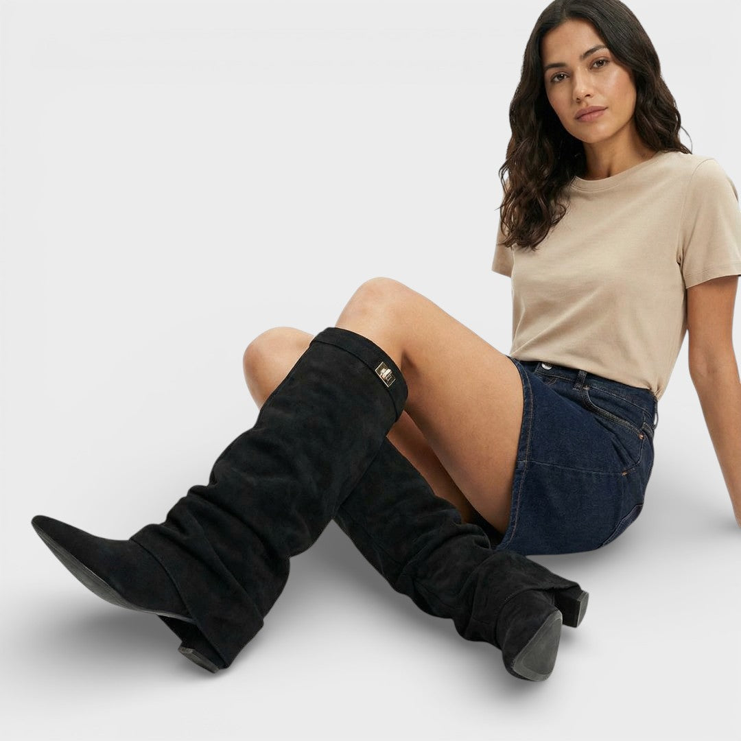 Botas altas para mujer, punta afilada, fruncidas, con hebilla y tacón bajo