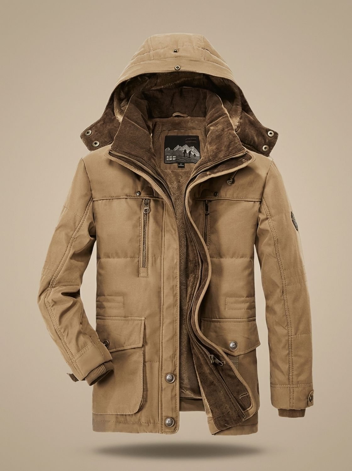 Men’s fleece-lined coat with removable hood and zippered pockets