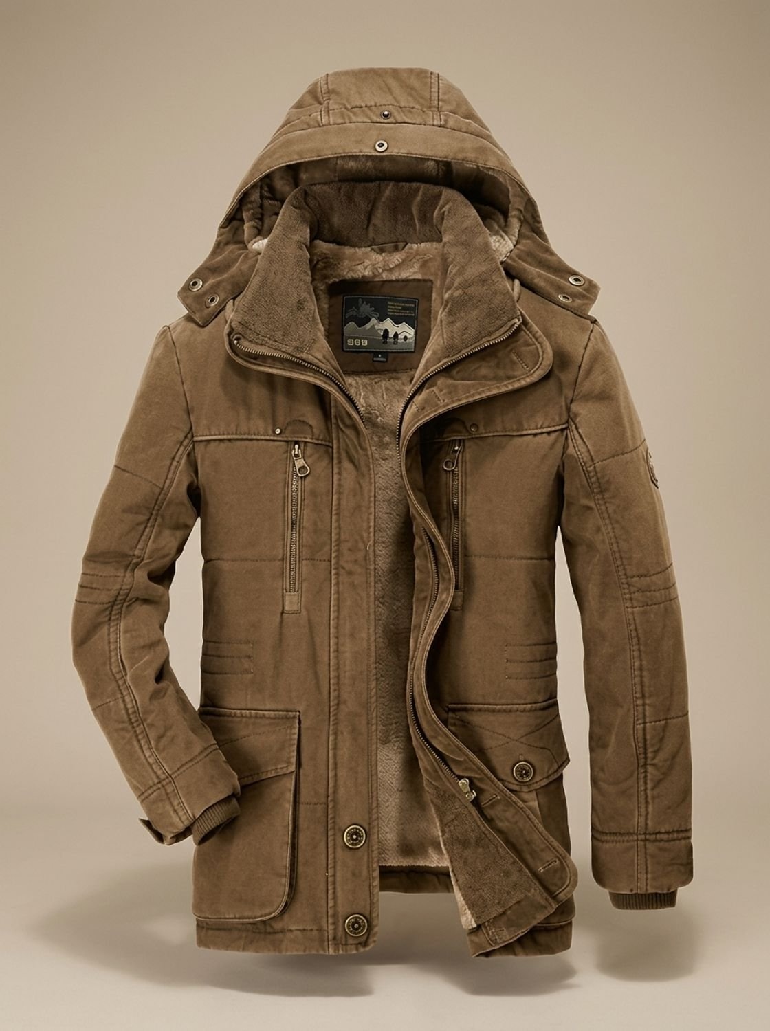Men’s fleece-lined coat with removable hood and zippered pockets