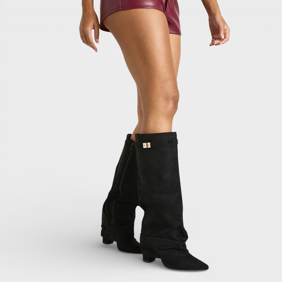 Botas altas para mujer, punta afilada, fruncidas, con hebilla y tacón bajo