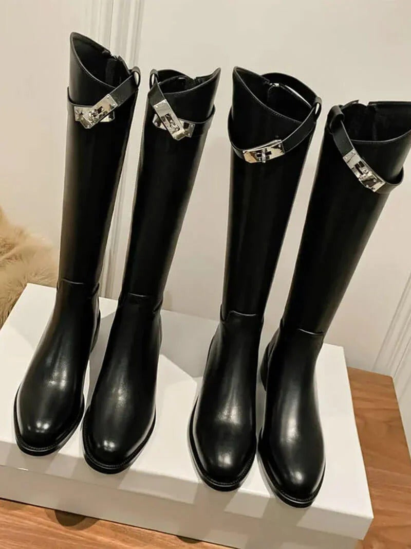 Bottes genou femme faux cuir tige rigide silhouette affirmée