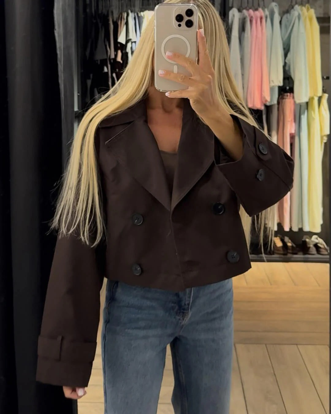 Trench court femme double boutonnage revers tailleur mi-saison