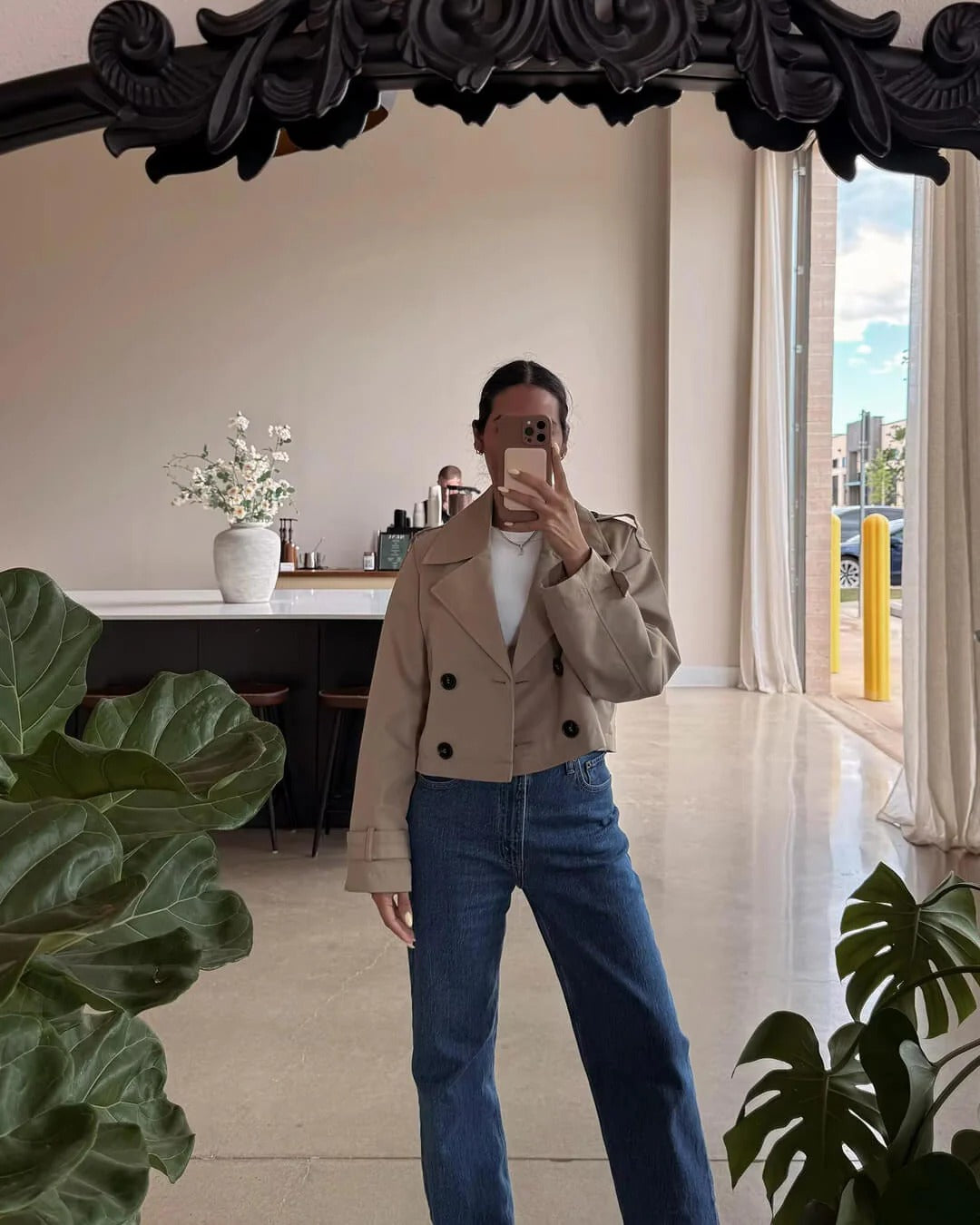 Trench court femme double boutonnage revers tailleur mi-saison