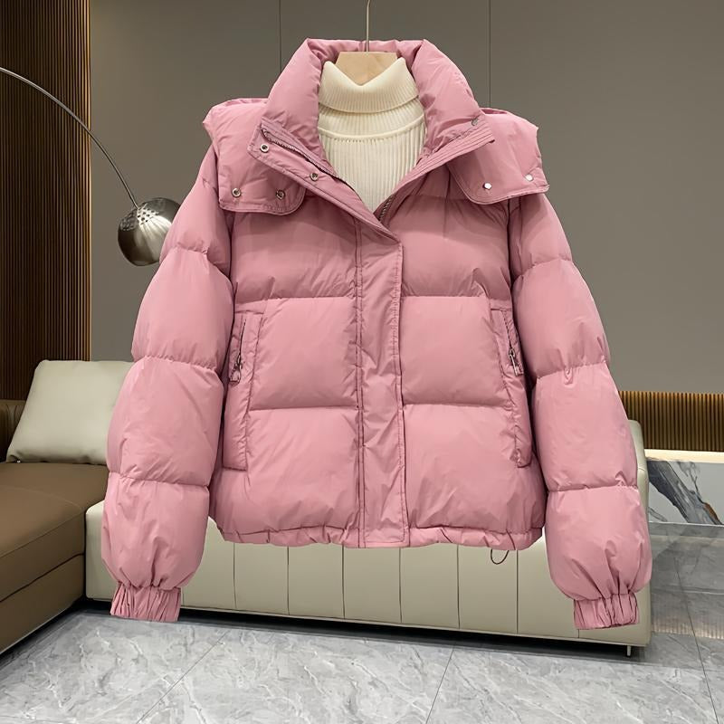 Women's puffer jacket with a stand collar and insulated hood for extreme cold