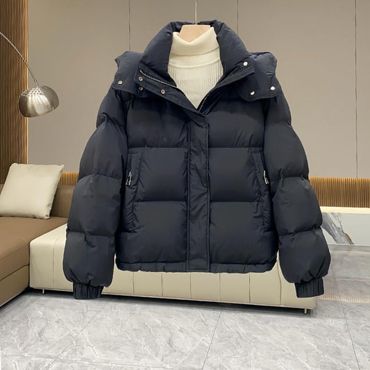 Women's puffer jacket with a stand collar and insulated hood for extreme cold